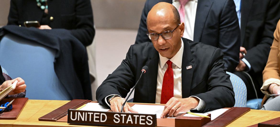 Deputy Permanent Representative Robert A. Wood of the United States addresses addresses the Security Council meeting on threats to international peace and security.
